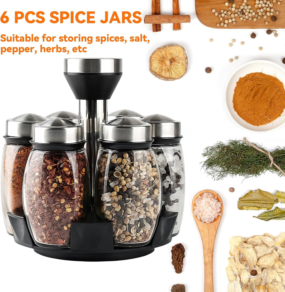 6-Pack Spinning Glass Spice Jars & Organizer Rack